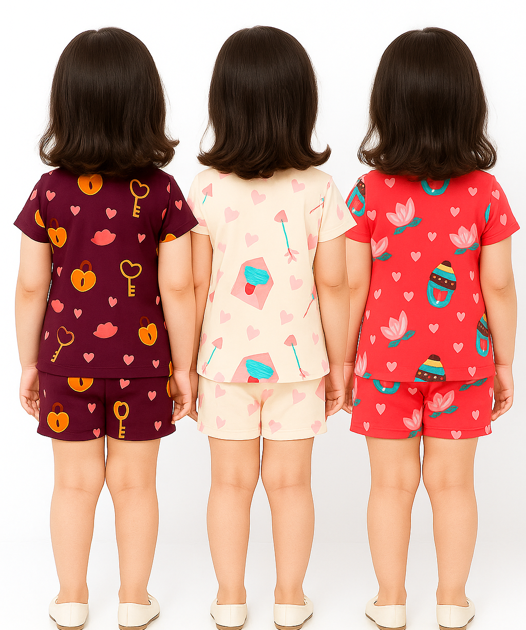 Girl Kids All Over Printed Co-ord Set | Tshirt and Shorts | Age 0 to 3 Years (Pack of 3 Sets)