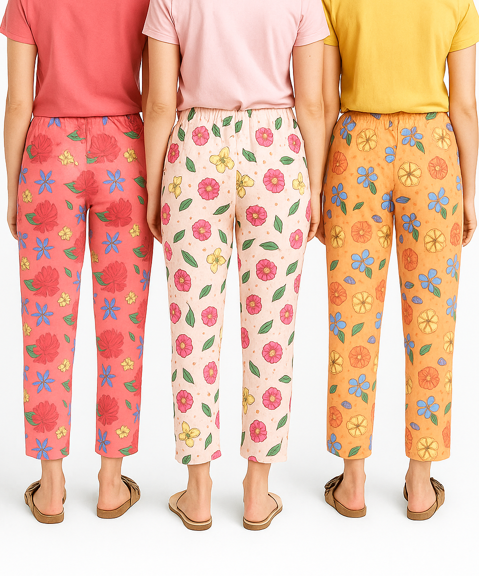 Women's 100% Printed Soft Cotton Night Wear | Track Pant - Pyjama (Pack of 3)