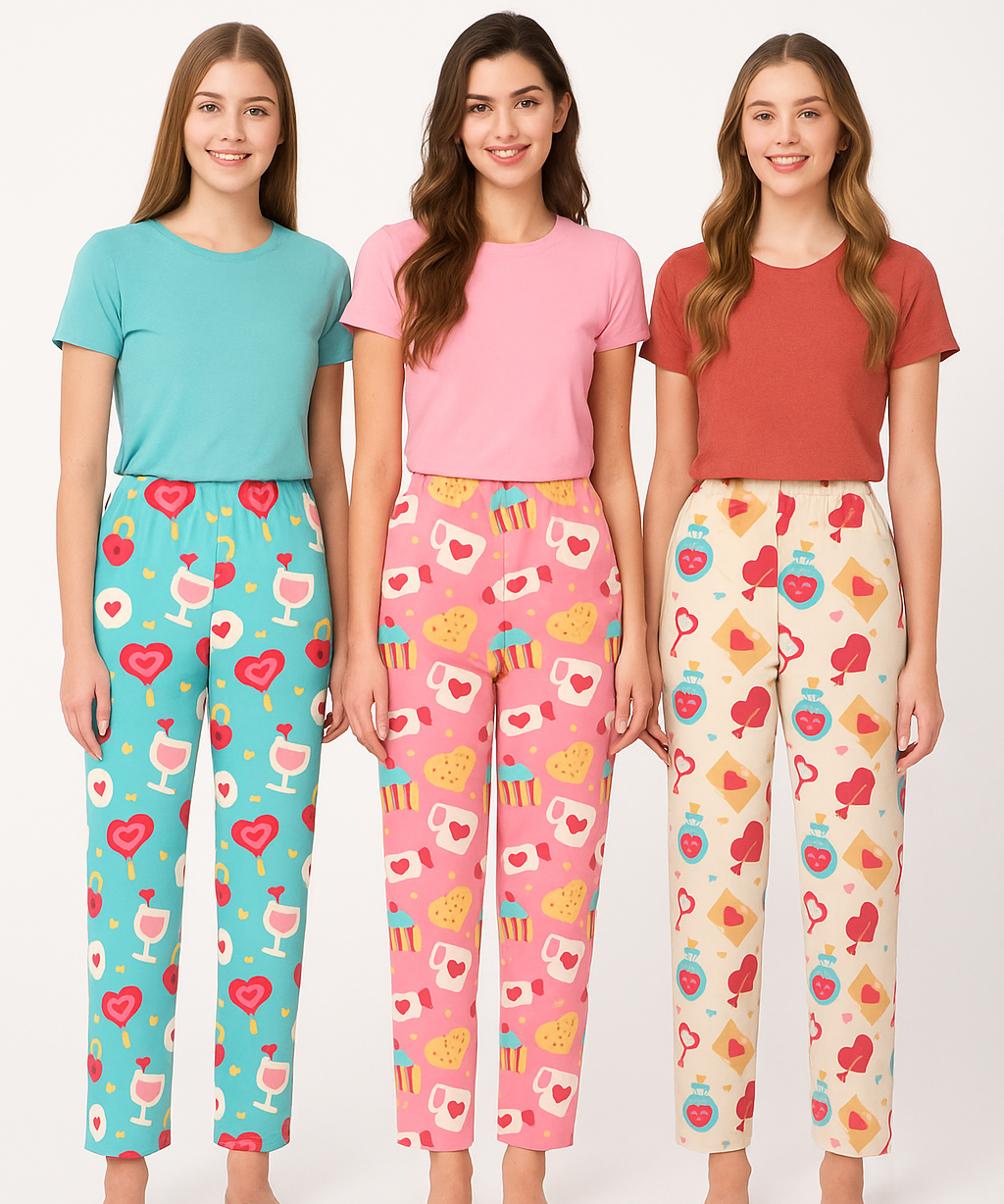 Women's 100% Printed Soft Cotton Night Wear | Track Pant - Pyjama (Pack of 3)