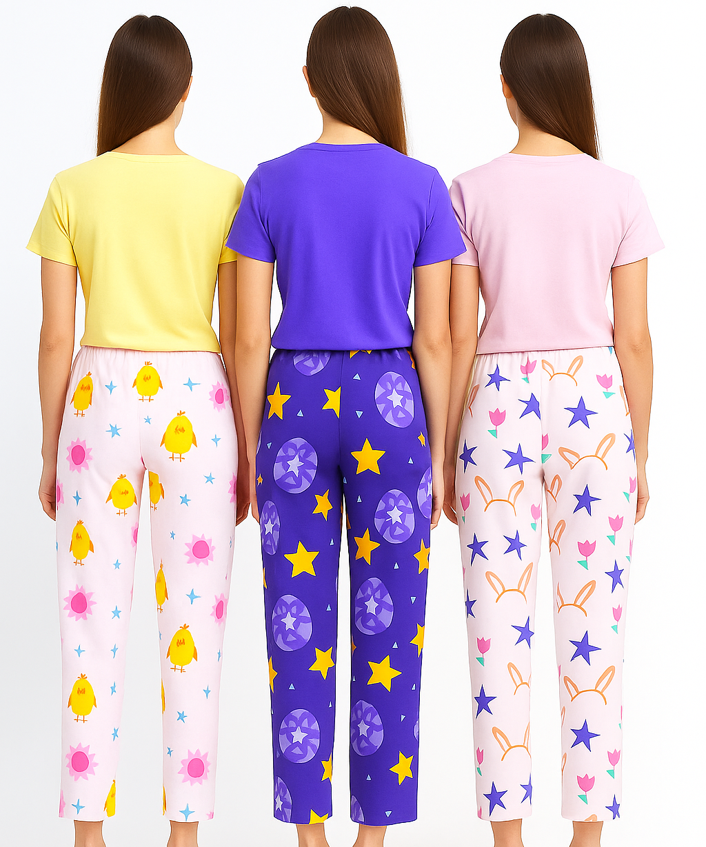 Women's 100% Printed Soft Cotton Night Wear | Track Pant - Pyjama (Pack of 3)