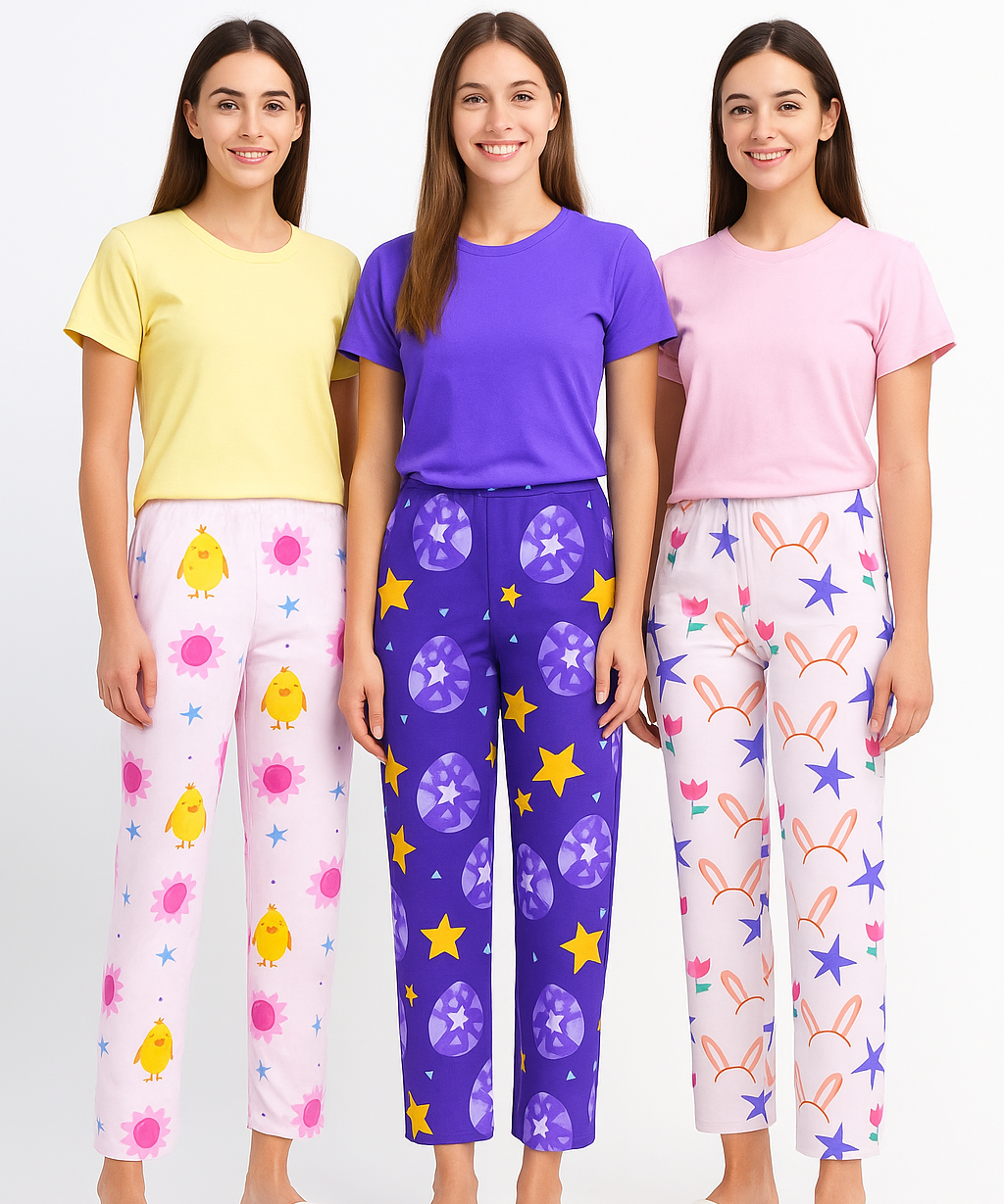Women's 100% Printed Soft Cotton Night Wear | Track Pant - Pyjama (Pack of 3)