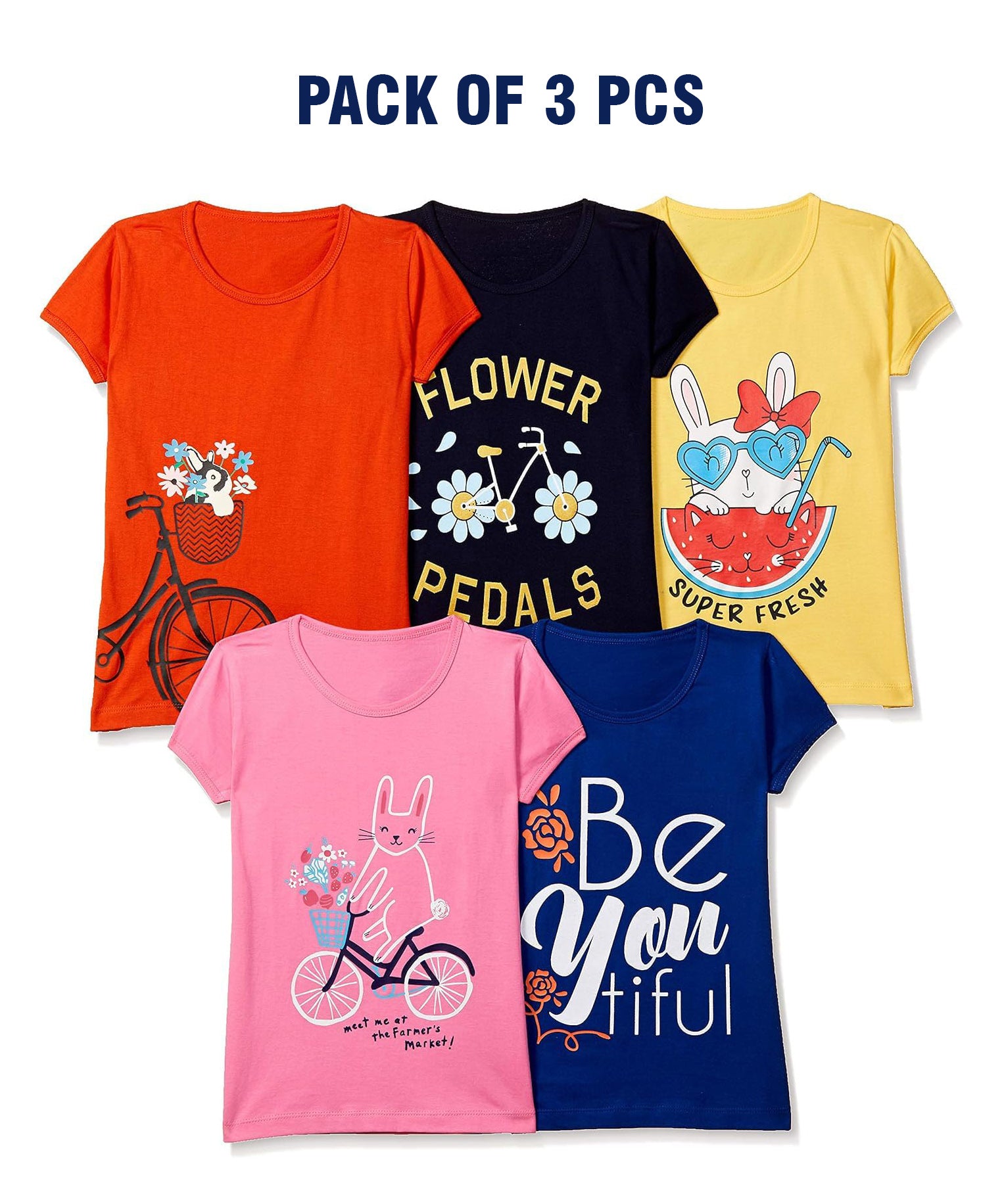 Girls Printed Casual Round Neck Tshirt (Pack of 5)
