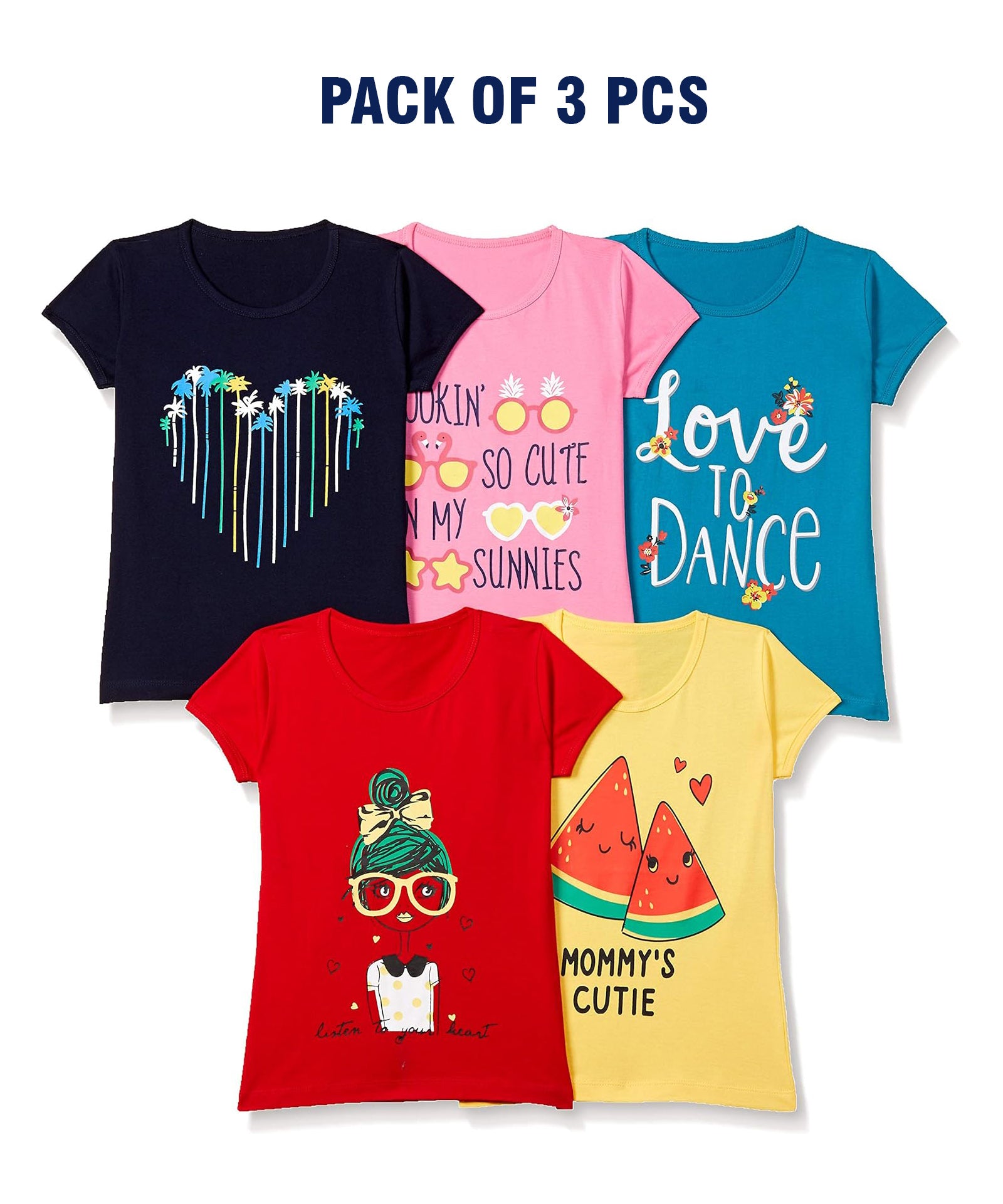 Girls Printed Casual Round Neck Tshirt (Pack of 5)
