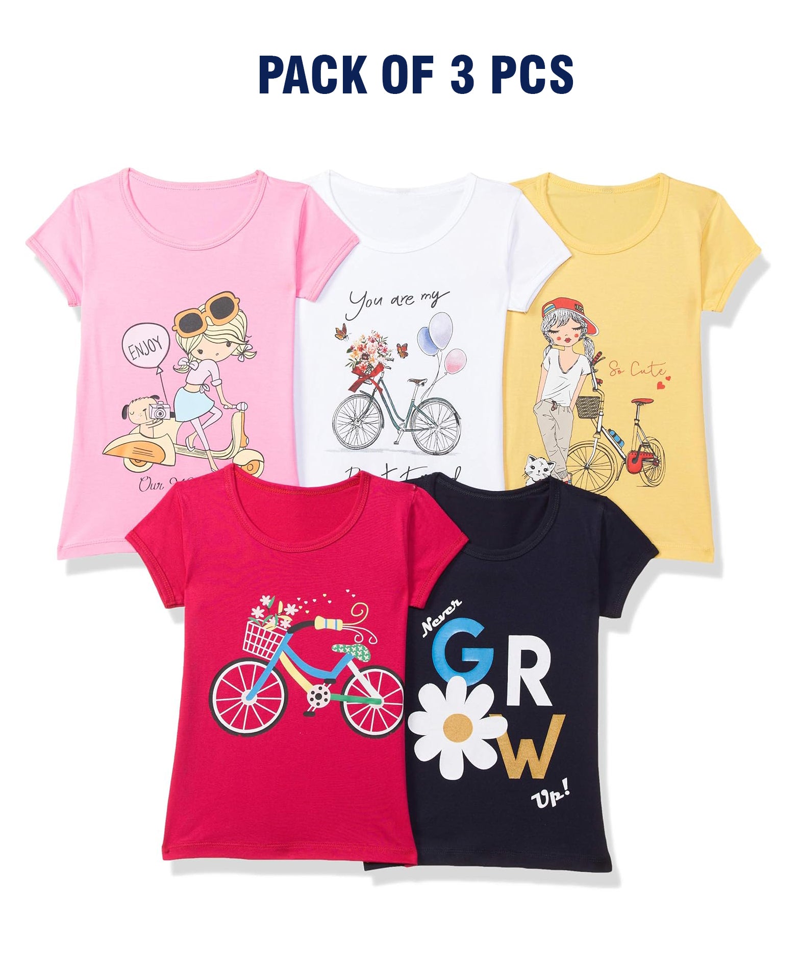 Girls Printed Casual Round Neck Tshirt (Pack of 5)