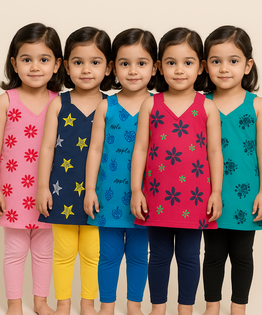 Girls 100% Cotton Printed 2 To 3 Years Gown Dress/Frock Dress (Pack of 5)