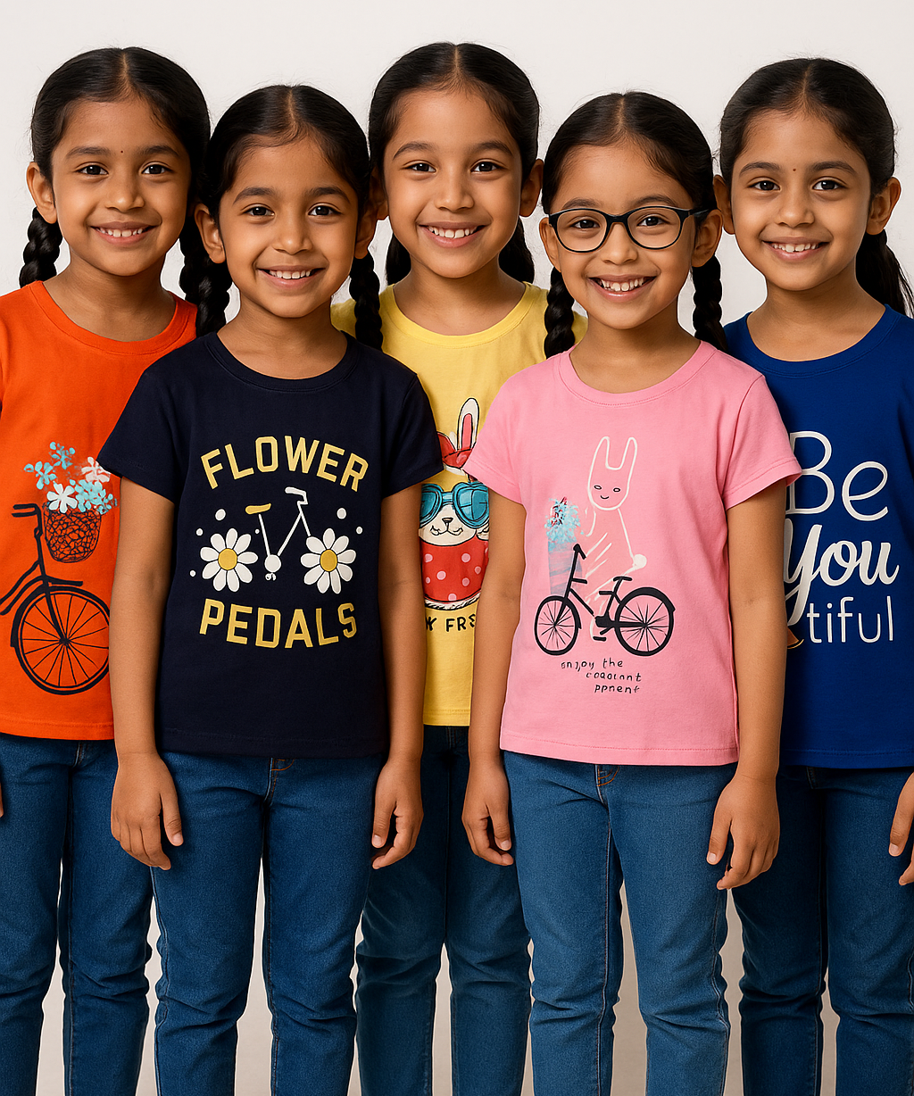 Girls Printed Casual Round Neck Tshirt (Pack of 5)