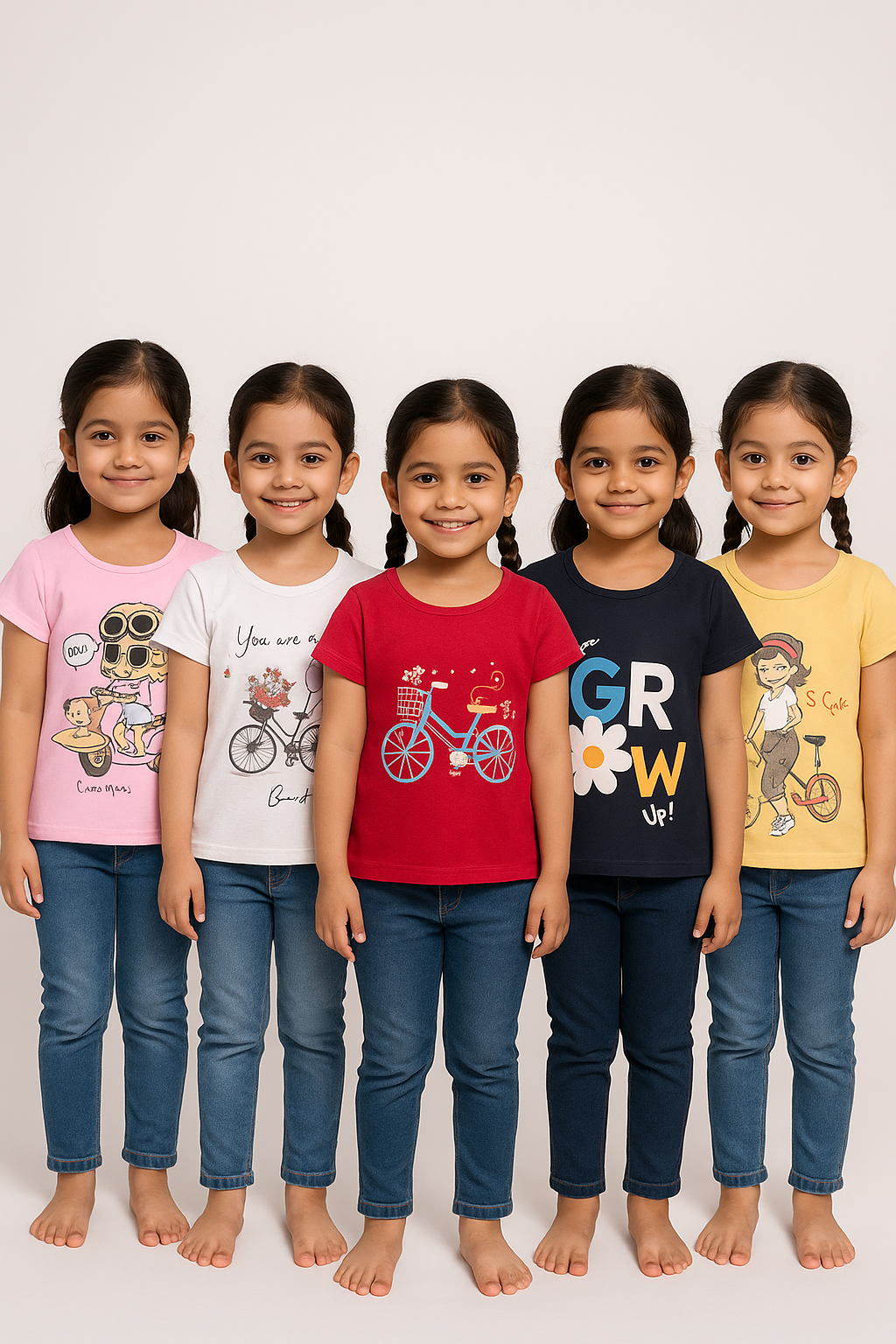 Girls Printed Casual Round Neck Tshirt (Pack of 5)