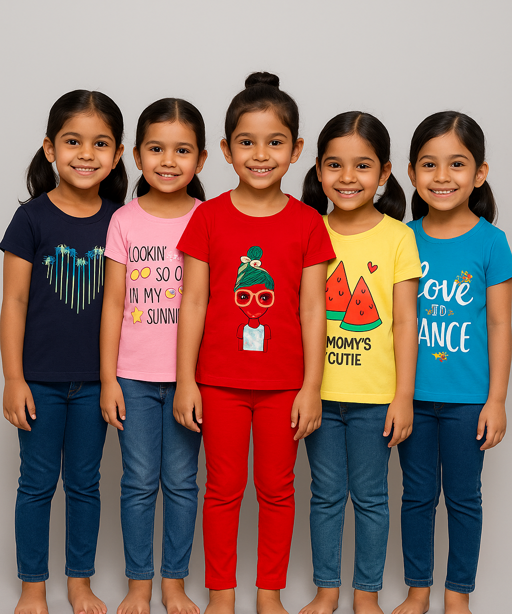 Girls Printed Casual Round Neck Tshirt (Pack of 5)