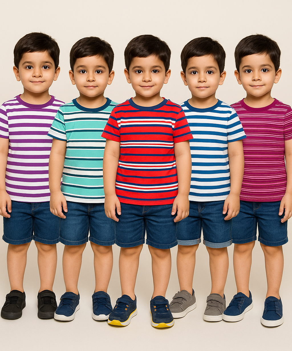 Kids 100% Cotton Stripes Kids T-shirt (Pack of 5)
