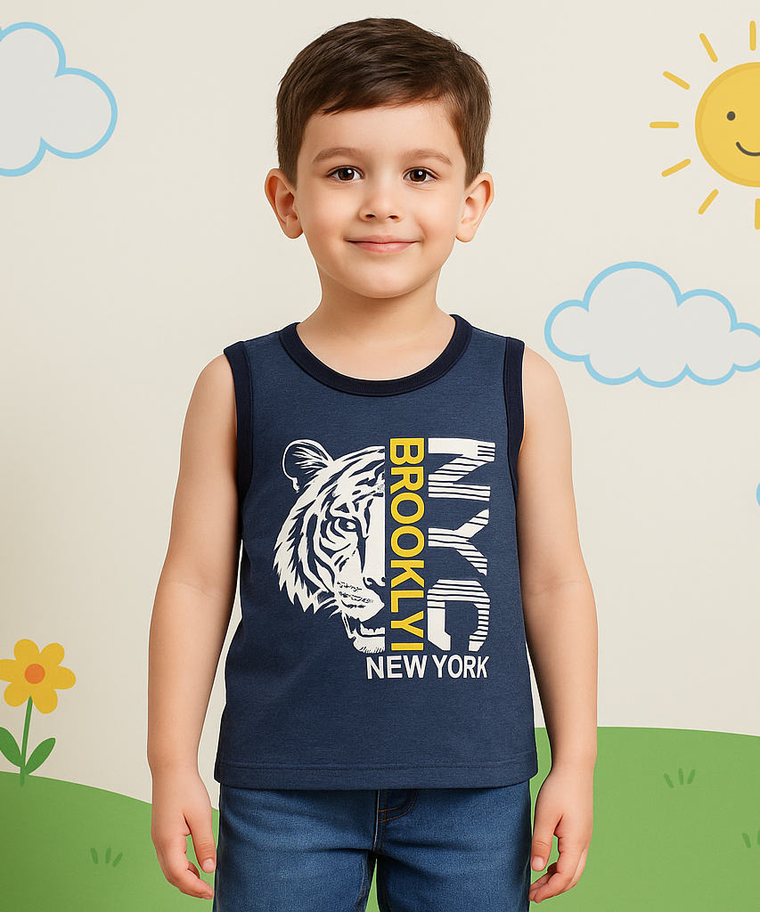 Kids Sleeveless Tshirt Printed 100% Cotton Denim Color 4 To 11 Years Tshirt