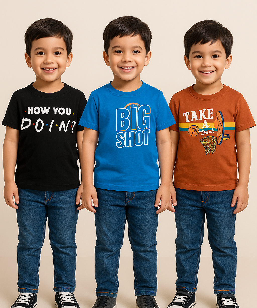 Kids 100% Cotton Fine Tshirt With Printed Multi Colour | Age 1 to 6 Years (Pack of 3 Pieces)