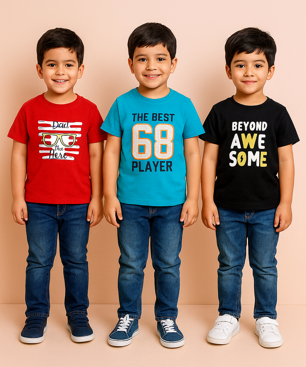 Kids 100% Cotton Fine Tshirt With Printed Multi Colour | Age 1 to 6 Years (Pack of 3 Pieces)