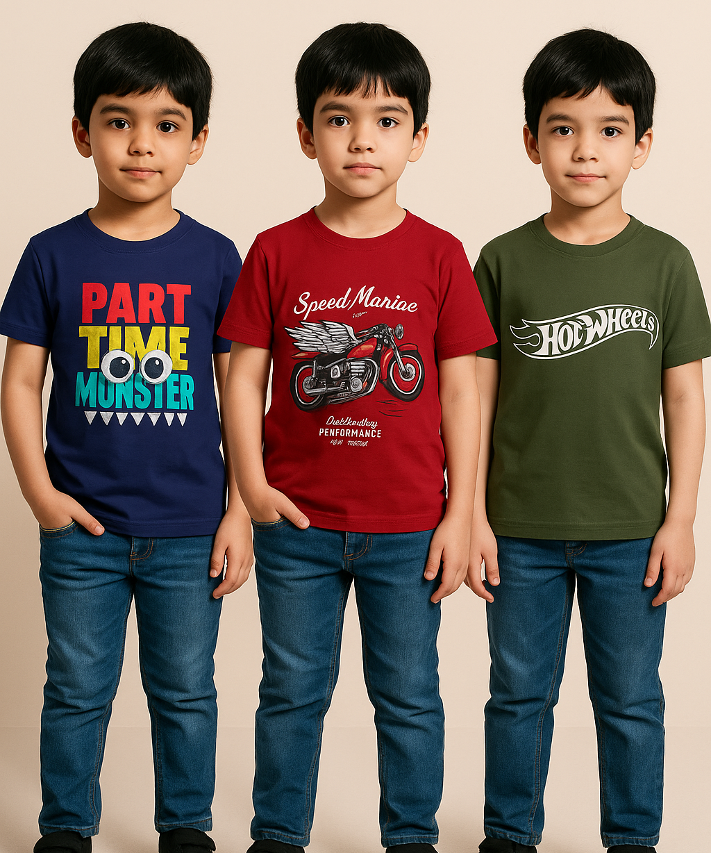 Kids 100% Cotton Fine Tshirt With Printed Multi Colour | Age 1 to 6 Years (Pack of 3 Pieces)