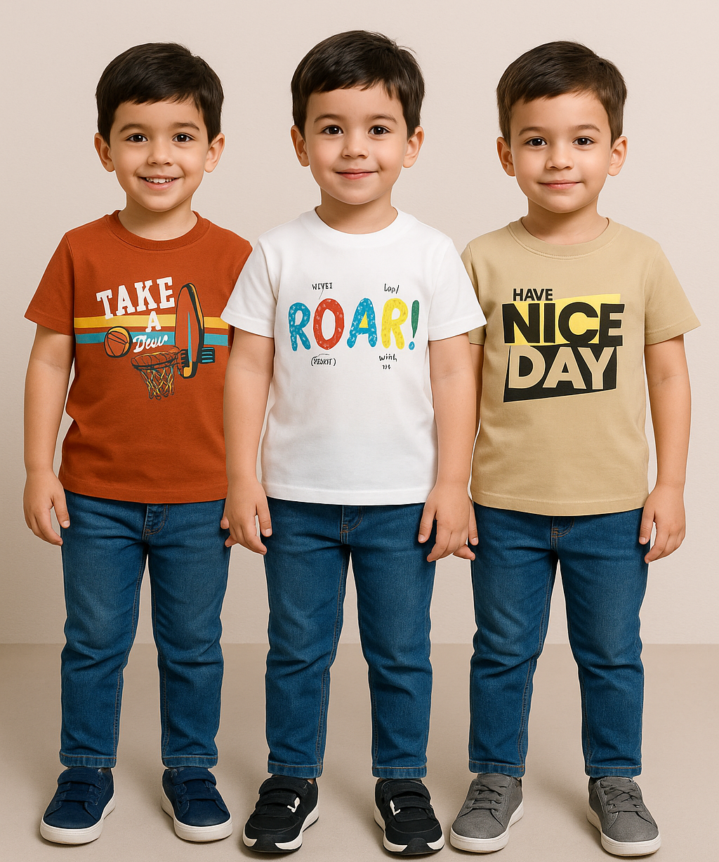 Kids 100% Cotton Fine Tshirt With Printed Multi Colour | Age 1 to 6 Years (Pack of 3 Pieces)