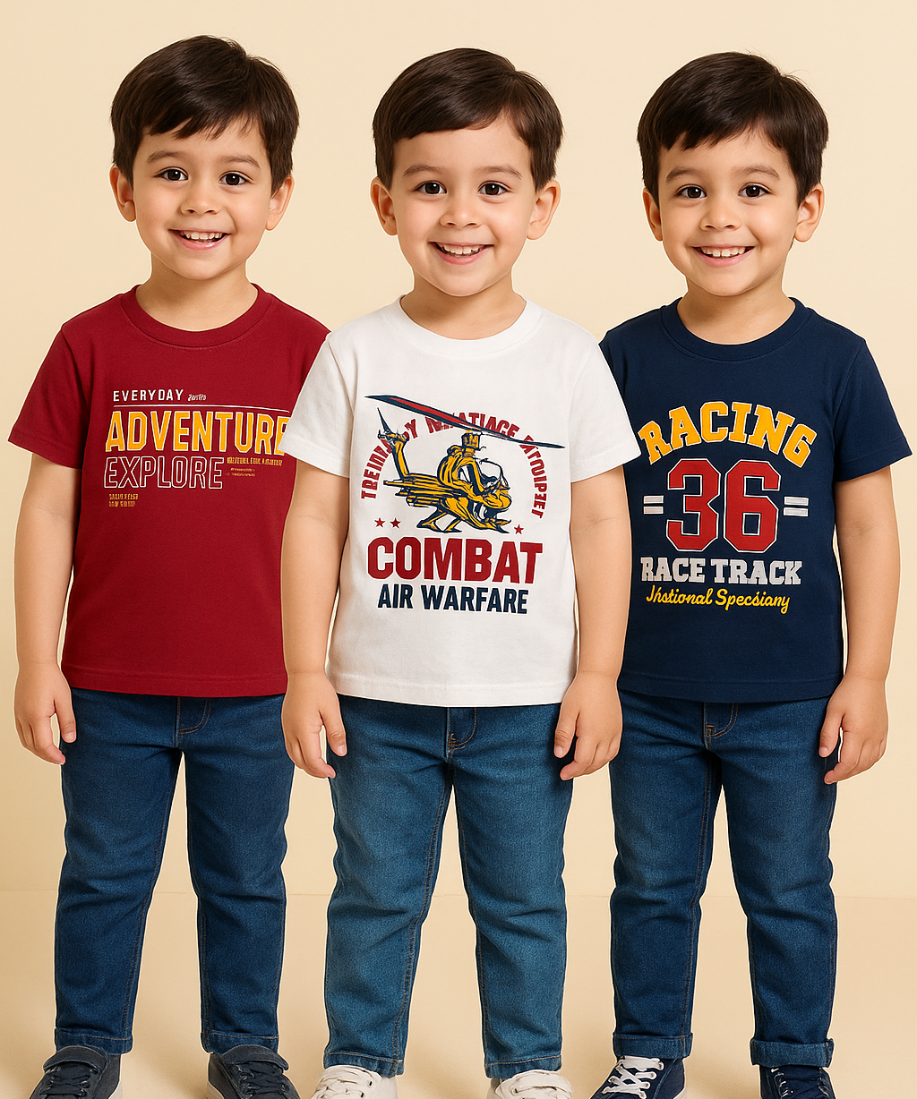 Kids 100% Cotton Fine Tshirt With Printed Multi Colour | Age 1 to 6 Years (Pack of 3 Pieces)
