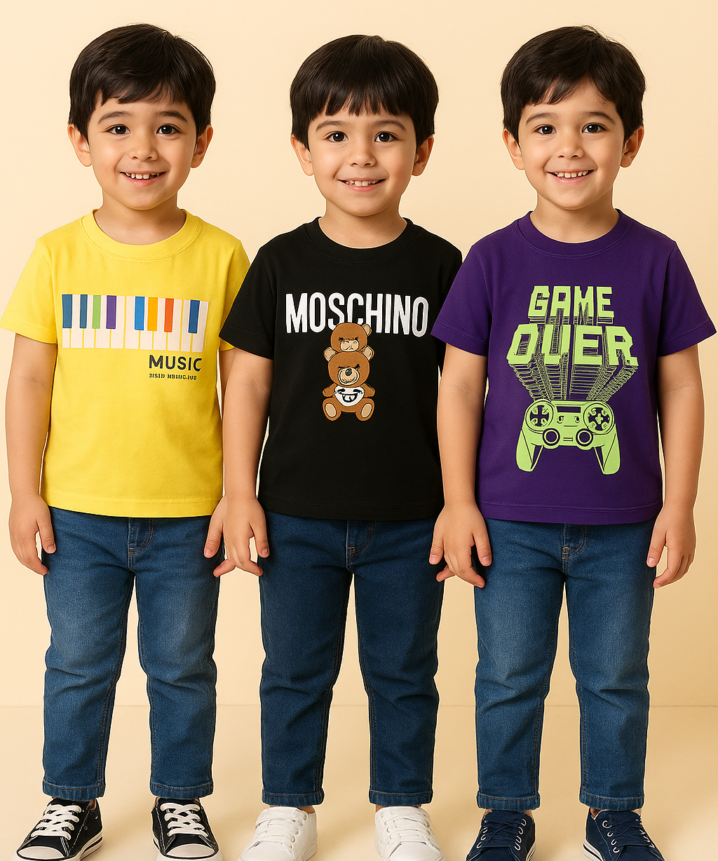 Kids 100% Cotton Fine Tshirt With Printed Multi Colour | Age 1 to 6 Years (Pack of 3 Pieces)