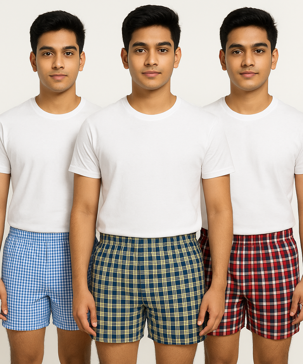 Men's Cotton Boxer Woven Checked Shorts (Pack Of 3)