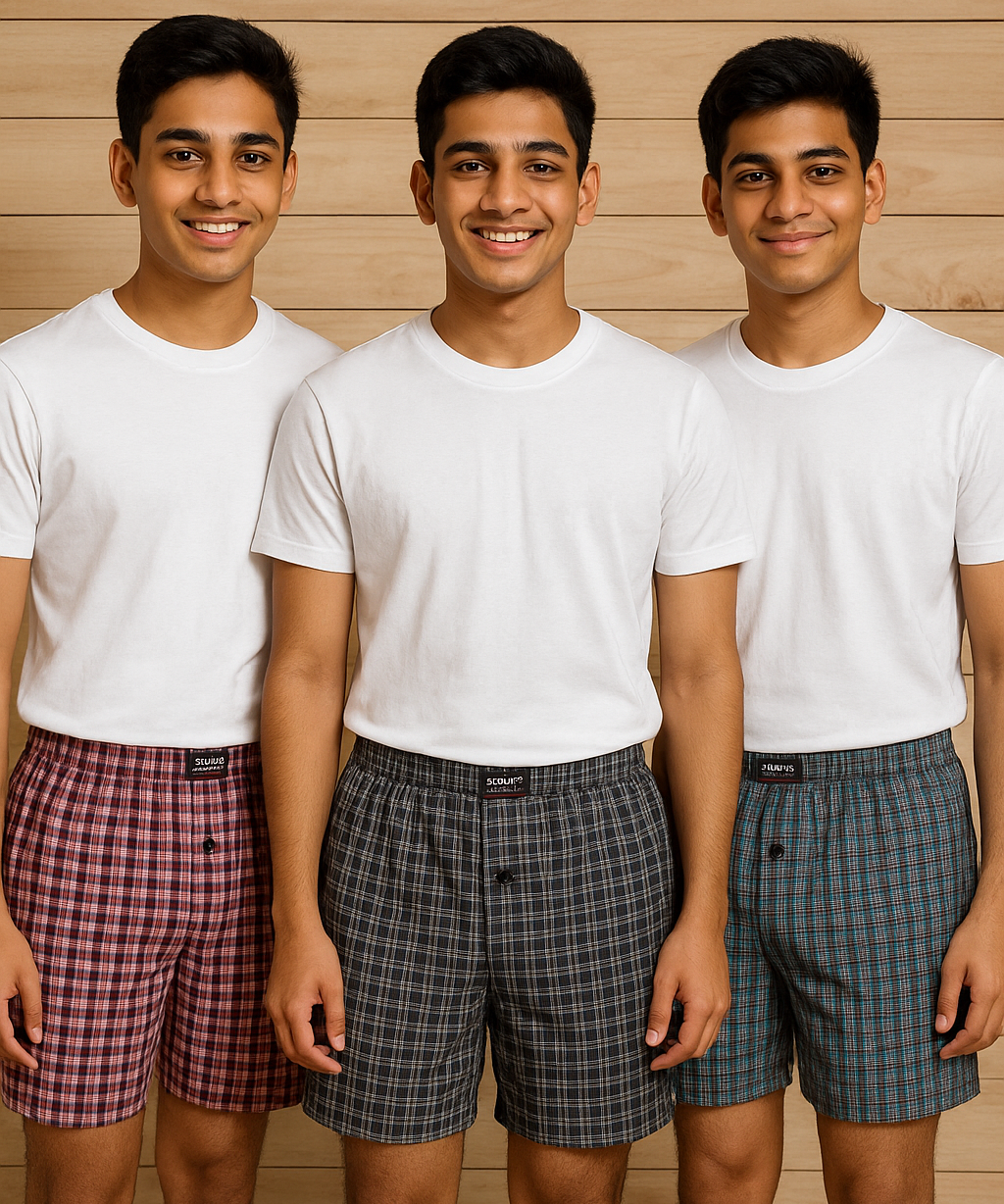 Men's Cotton Boxer Woven Checked Shorts (Pack Of 3)