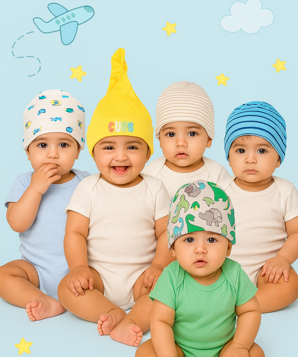 New Born Baby Soft Cotton Cap For Unisex 0-2 Years Pack Of 5 Pcs