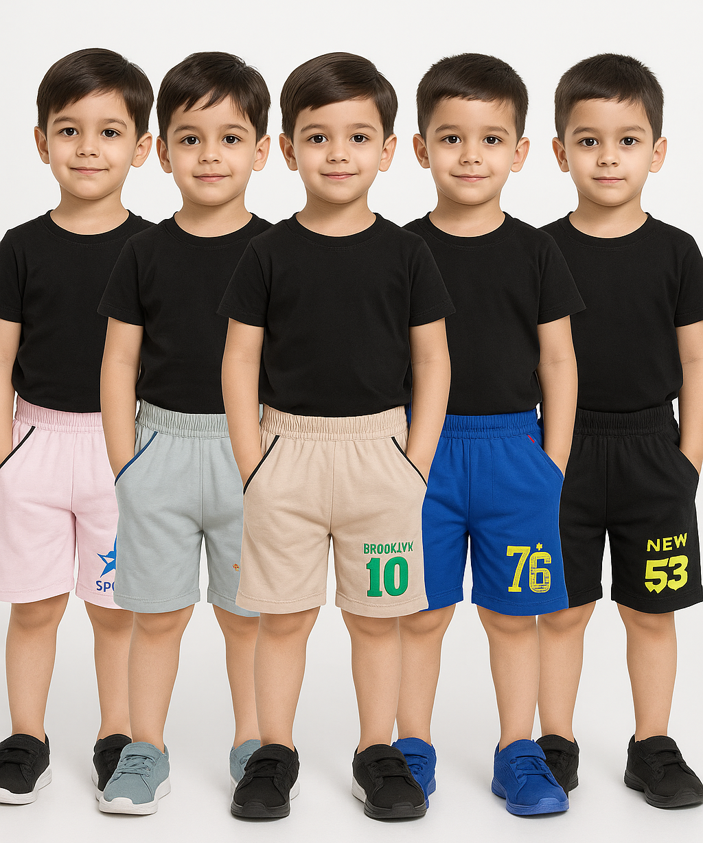 Pure Cotton Plain Shorts for Boys Kid with Elastic And Rope Age 4 to 5 Years S Size (Pack of 5)