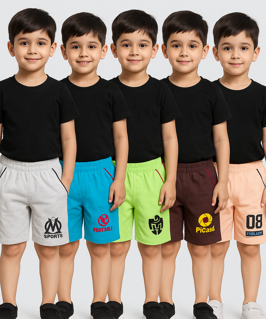 Pure Cotton Plain Shorts for Boys Kid with Elastic And Rope Age 5 to 6 Years M Size (Pack of 5)