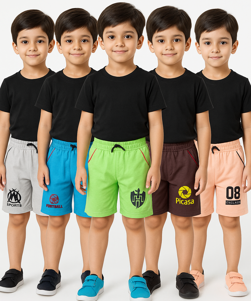 Pure Cotton Plain Shorts for Boys Kid with Elastic And Rope Age 6 to 7 Years L Size (Pack of 5)