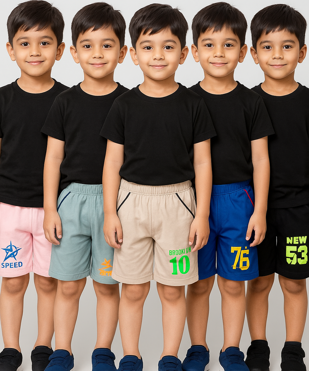Pure Cotton Plain Shorts for Boys Kid with Elastic And Rope Age 6 to 7 Years L Size (Pack of 5)