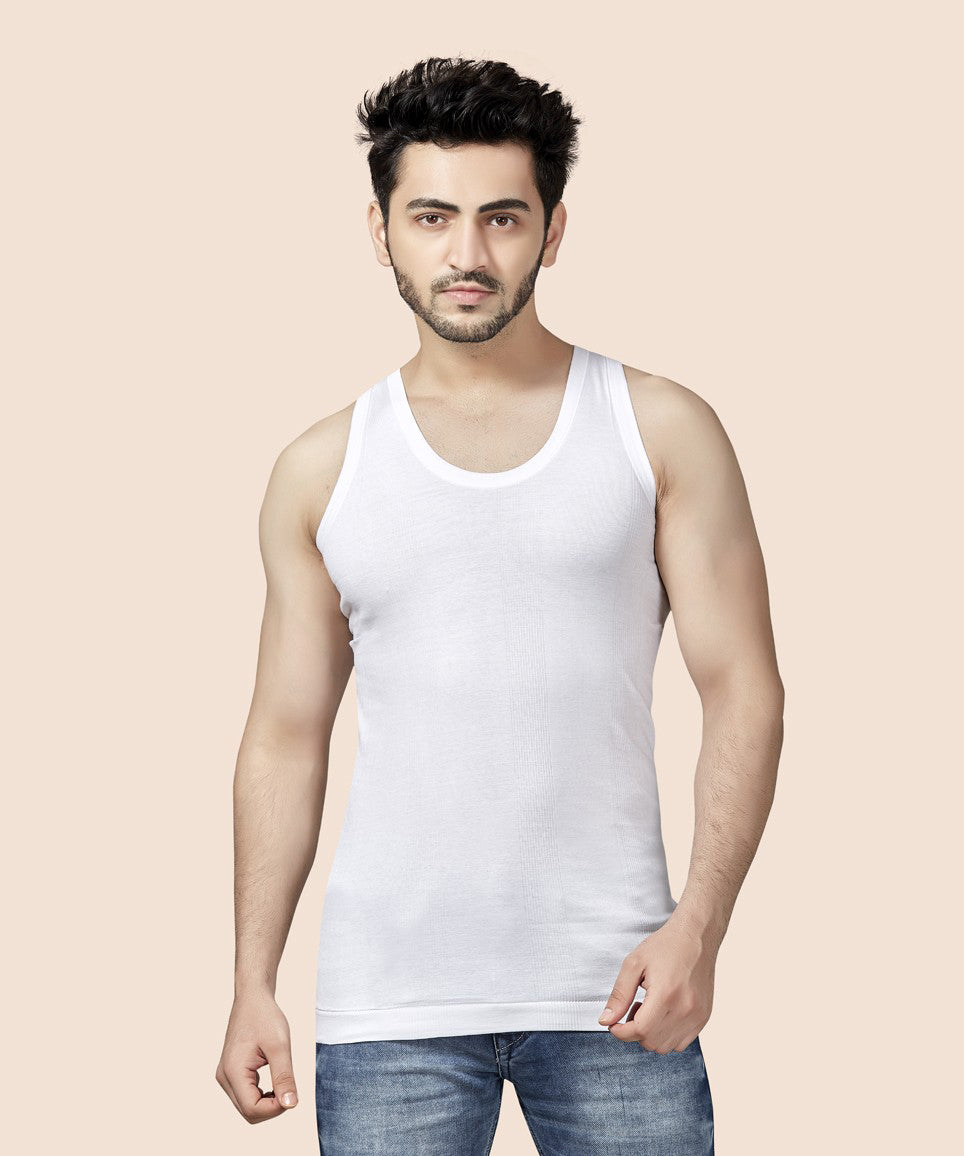 Poomex White Premium Flex Rib Vest Round Neck Sleeveless (Pack of 3)