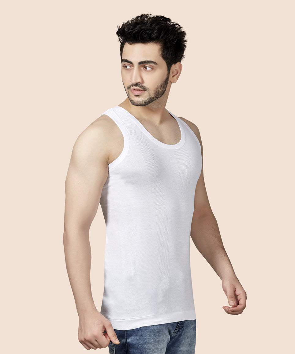 Poomex White Premium Flex Rib Vest Round Neck Sleeveless (Pack of 3)