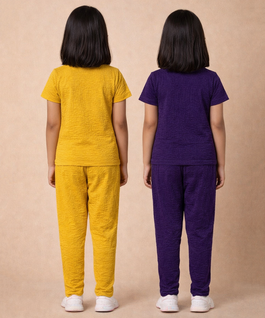 Girls Textured Polyester Co-ord Set | Half Sleeve Top & Pants | Pack of 2 Pieces