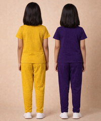 Girls Textured Polyester Co-ord Set | Half Sleeve Top & Pants | Pack of 2 Pieces