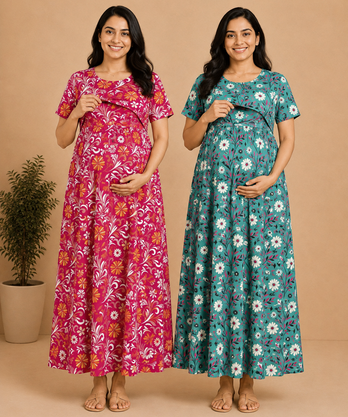 Maternity Feeding Maxi Dress | Nursing Friendly Nighty Style (Pack of 2 Pieces)