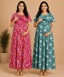 Maternity Feeding Maxi Dress | Nursing Friendly Nighty Style (Pack of 2 Pieces)