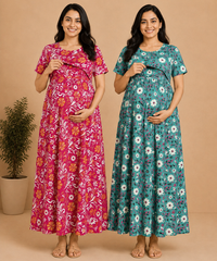 Maternity Feeding Maxi Dress | Nursing Friendly Nighty Style (Pack of 2 Pieces)