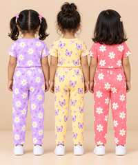 Girl Kids All Over Printed Tshirt and pant Co-ord Set | Age 6 Months to 4 Years (Pack of 3 Sets)