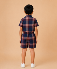Polyester Large Plaid Check Shirt and Shorts Set for Boy Kids Casual Wear Half Sleeve Co-Ord Set with Elastic Waist Shorts | Age 6 to 7 Years