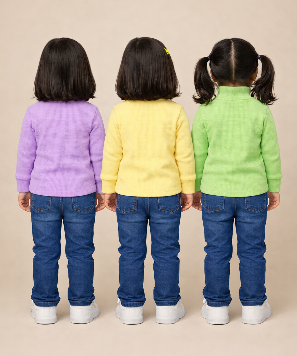 Kids Girls Full Sleeve Hi-Neck Plain Rib T-shirt | Age 0 to 5 Years (Pack of 3)