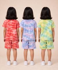 Kids Girls Tie-Dye Cloud Print Cotton T-Shirt & Shorts Co-ord Set | Pack of 3 Pieces | Age 1–4 Years