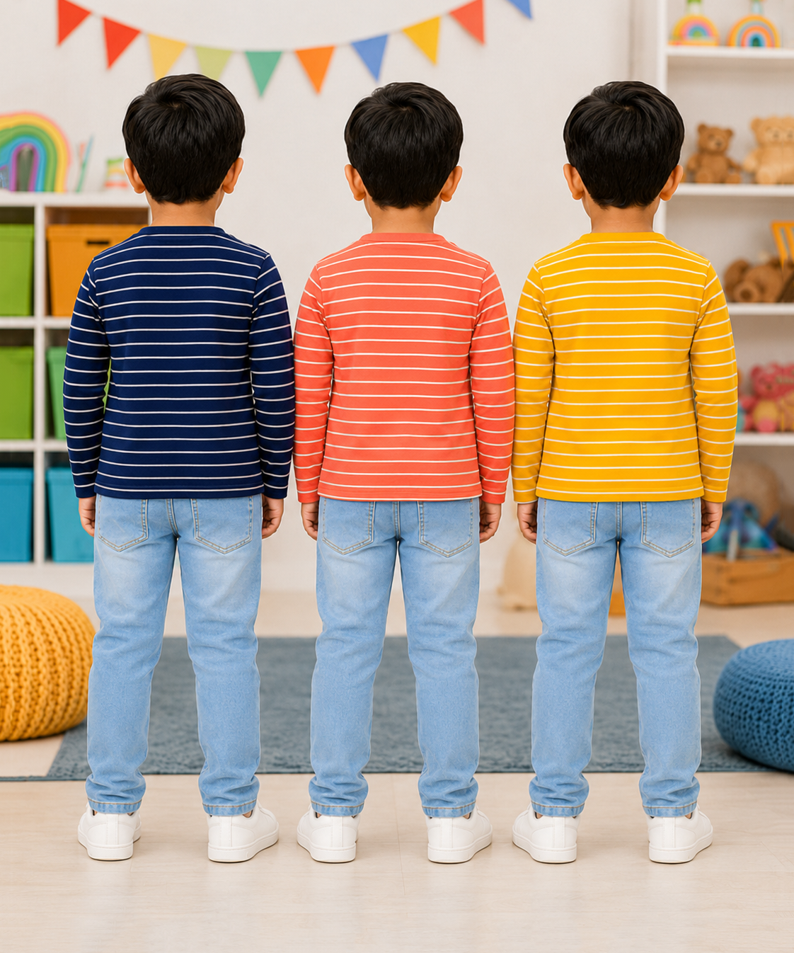 Kids Stripes Full Sleeve Cotton Tshirt | Age 0 to 3 Years (Pack of 3 Pieces)