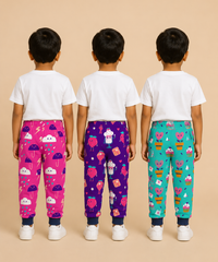 Kids Printed Cotton Track Pants for Boys | Soft Elastic Waist Full Length Joggers | Age 6 Months-5 Years | Pack of 3 Pieces