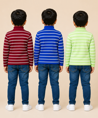 Kids Boys Full Sleeve Hi-Neck Stripes Rib T-shirt | Age 9 to 24 Months | Pack of 3 Pieces