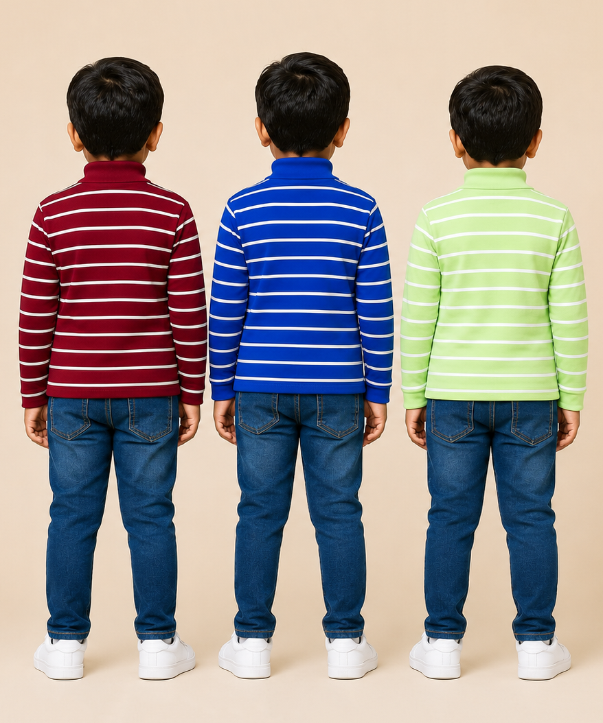Kids Boys Full Sleeve Hi-Neck Stripes Rib T-shirt | Age 9 to 24 Months | Pack of 3 Pieces