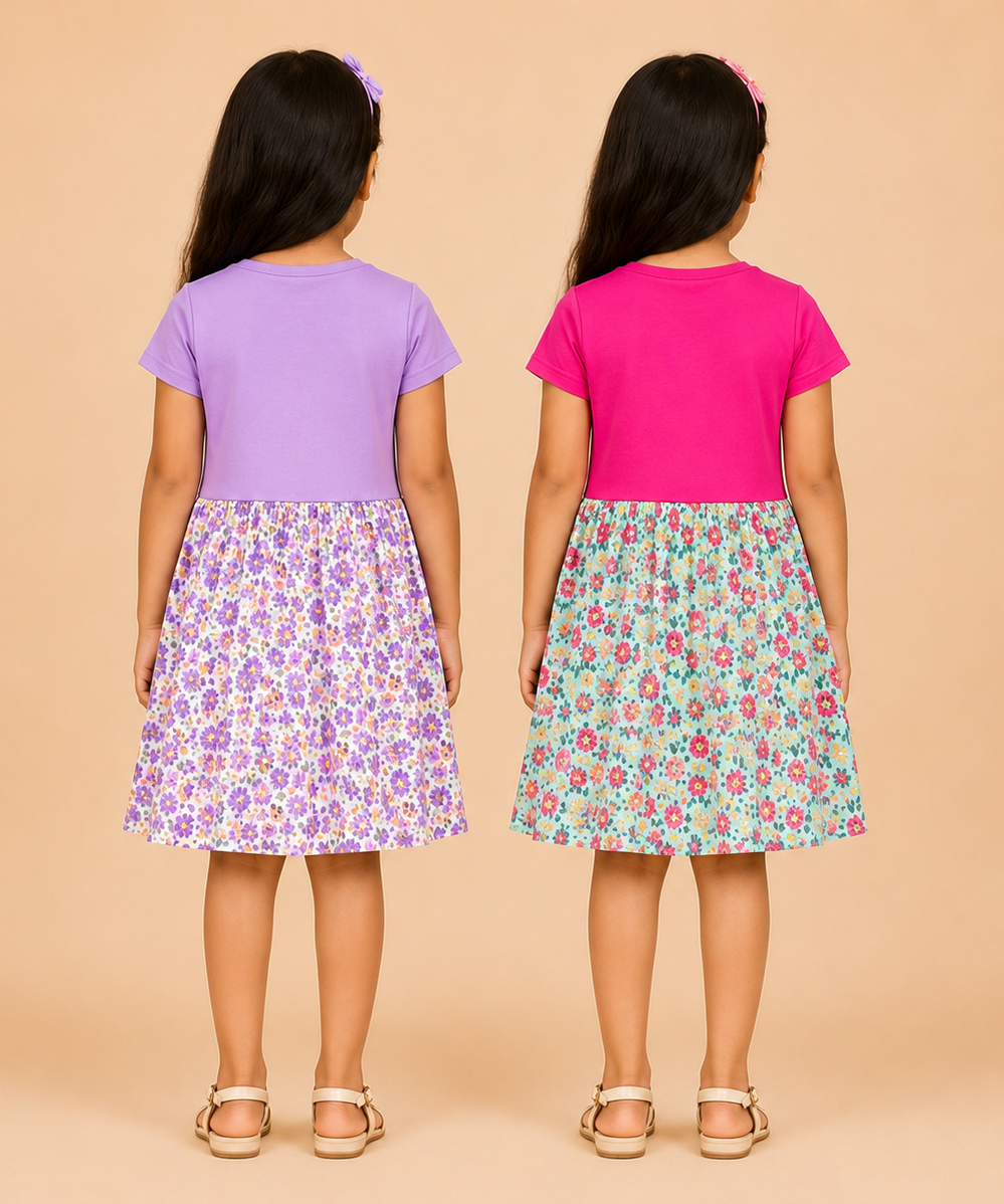 Girls Printed Half Sleeve Cotton Contrast Frock Dress | Floral Knee Length Casual Wear for Kids | Age - 5 to 10 Years | (Pack of 2)