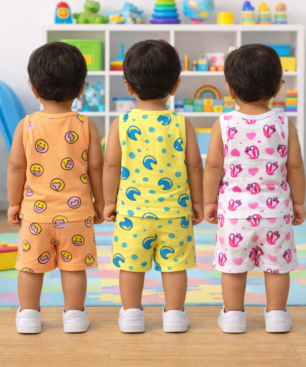 Boys Cotton Cartoon Printed Kids Sleeveless Set Combo | Age 0 to 3 Years | T-shirt & Shorts (Combo Set Pack of 3)