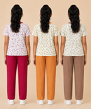 Girls Cotton Printed T-Shirt with Vertical Textured Lines Full-Length Pant Nightwear | Age 8 to 15 Years (Pack Of 3 Sets)