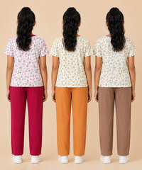 Girls Cotton Printed T-Shirt with Vertical Textured Lines Full-Length Pant Nightwear | Age 8 to 15 Years (Pack Of 3 Sets)