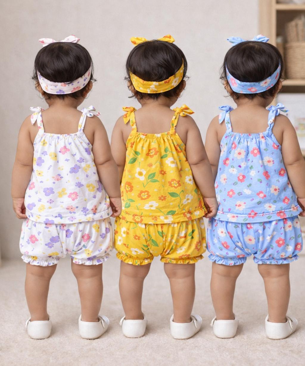 Boy & Girl Baby Printed Top Knot Dress | Top and Shorts Set | 100% Pure Cotton (Pack of 3 Sets Combo)