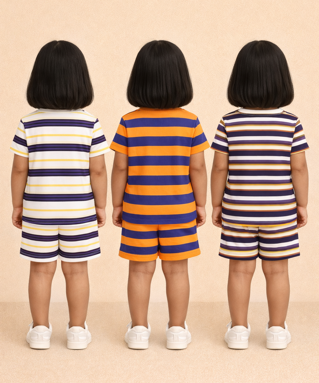 Girls Cotton Stripes Kids Co-ord Set Combo / Age 1-4 Years | T-shirt & Shorts (Combo Set Pack of 3)