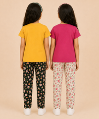 Girls Printed Cotton Night Suit Combo | Graphic Printed T-Shirts & Floral Night Pant | Age-2 to 6 Years | Pack Of 2 Sets