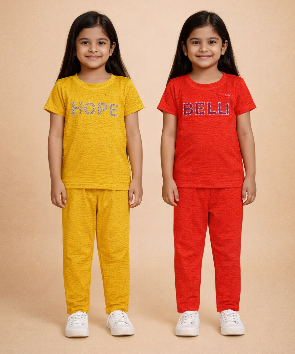 Girls Textured Polyester Co-ord Set | Half Sleeve Top & Pants | Pack of 2 Pieces